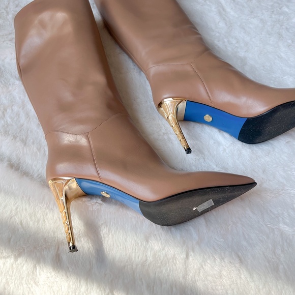 $725 Loriblu Made In Italy Camel Taupe Knee High Boots High Heel Pointy Toe 40IT - Picture 4 of 15